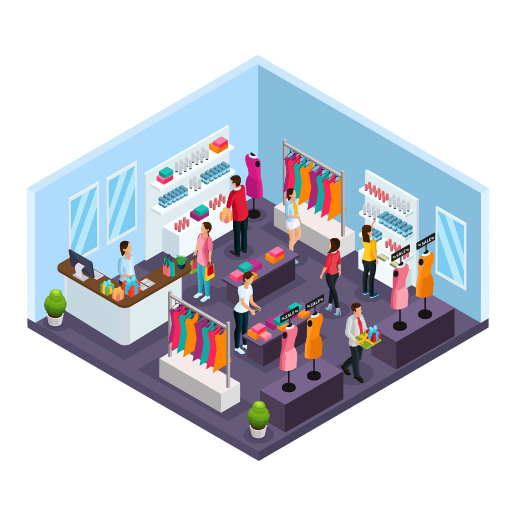 isometric holiday shopping template with people buying garments costumes clothing store isolated