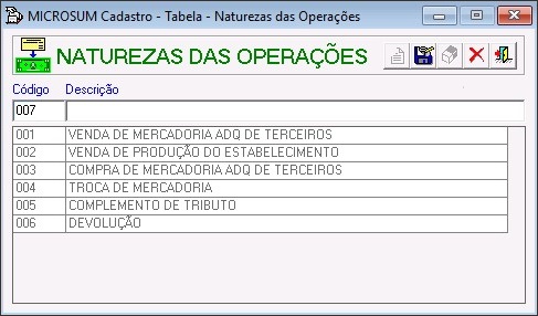 tela cadastro naturezas das operações