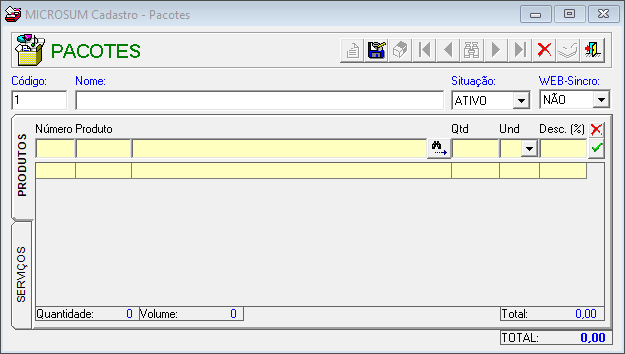 tela inicial cadastro pacotes