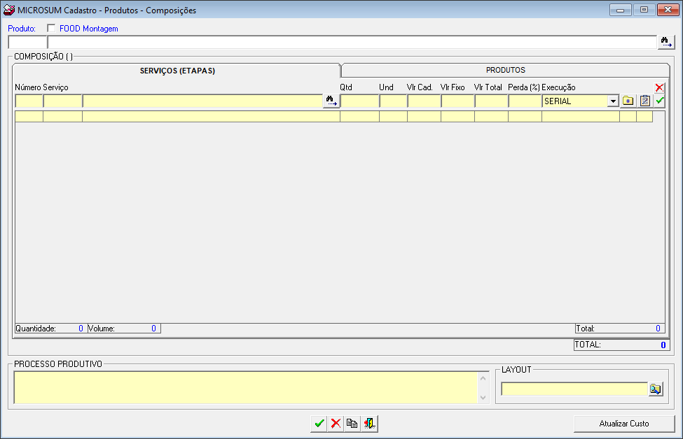 tela inicial produtos composições