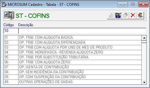 tela cadastro cofins