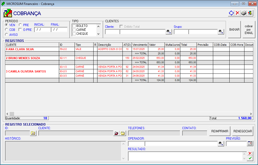tela inicial com registros