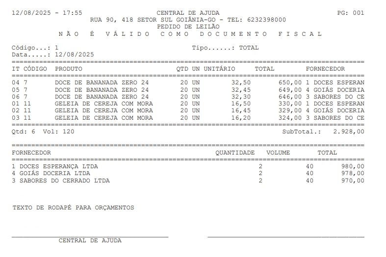 tela pedidos leilão