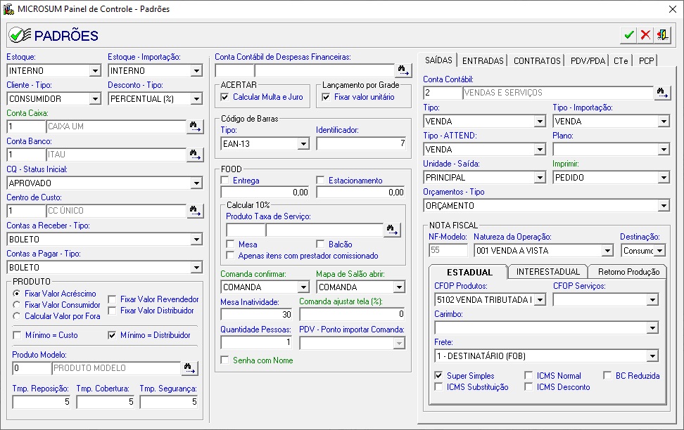 tela inicial padrões