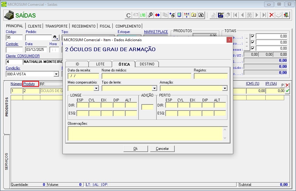 abertura da tela de ótica