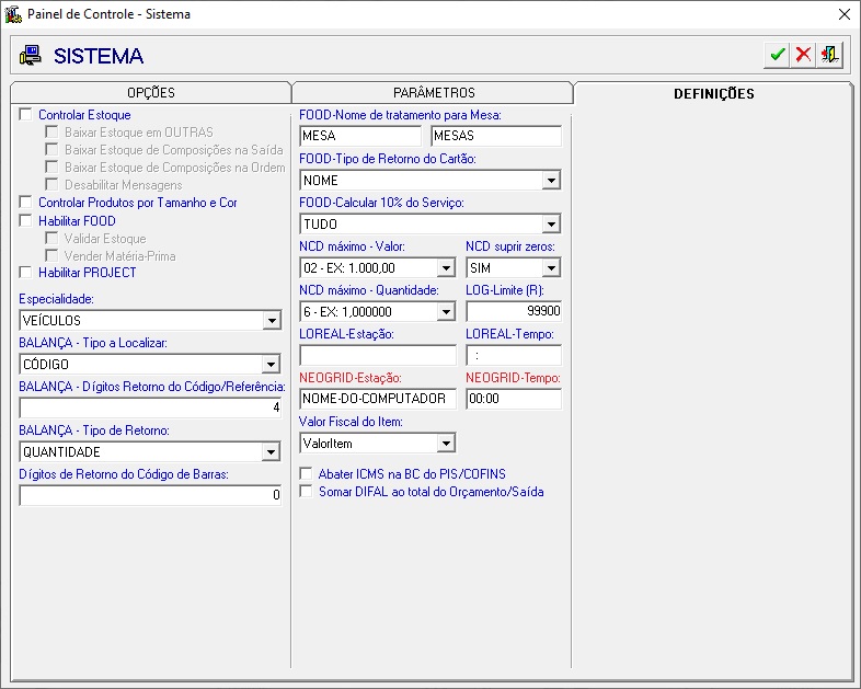 sistema definicoes neogrid